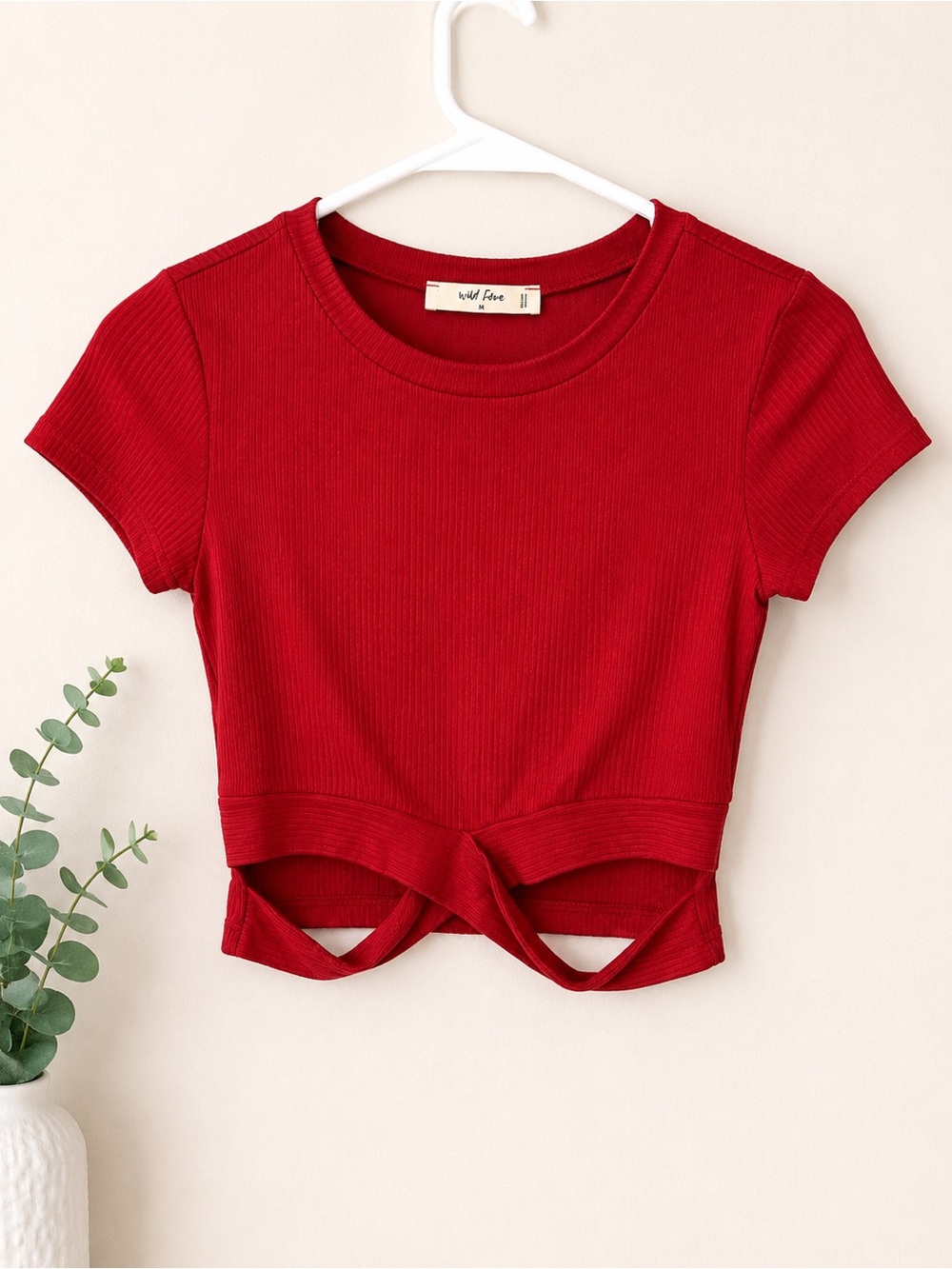 Wild Love Red Ribbed Tie-Front Short Sleeve Crop Top